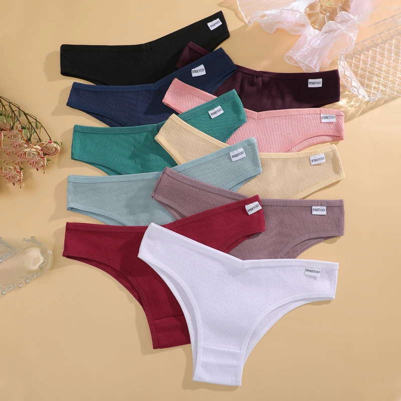 7PCS/Set Women's Waffle Cotton Panties Sexy V Waist Brazilian Panties Female Breathable Soft Underwear Solid Stretch Lingerie