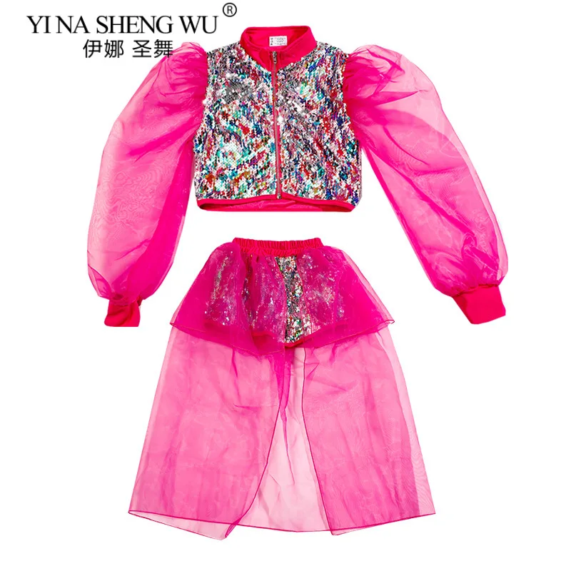 Jazz-Tanzkostüm für Mädchen, bunte Pailletten, Puffärmel, Tanz-Performance-Kleidung, 2026, neuer Kinder-moderner Hip-Hop-Street-Dance-Anzug