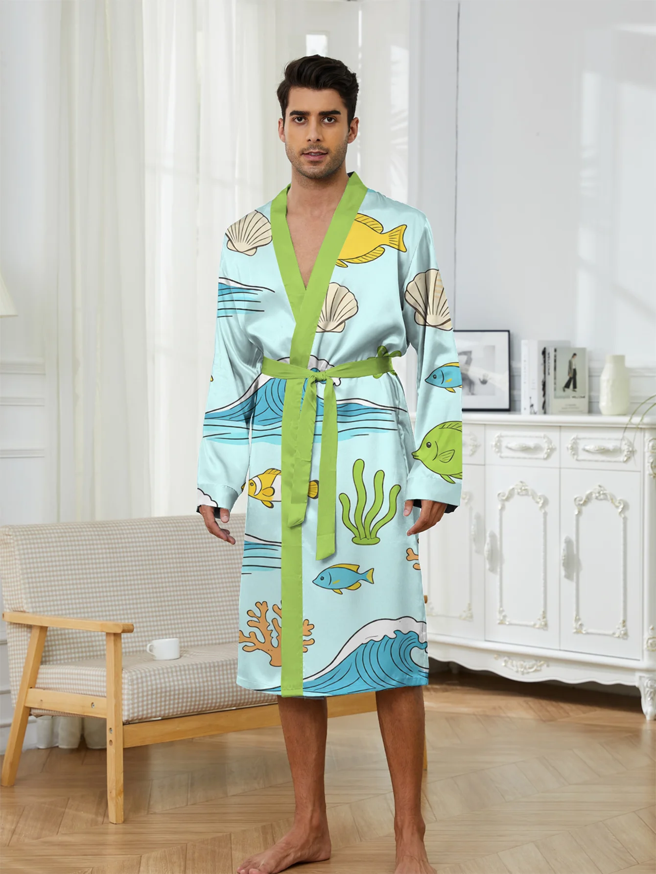 New men's bathrobe 3Ddigital printing creative pattern home thin, fast drying and non fading spring and autumn men's pajamas