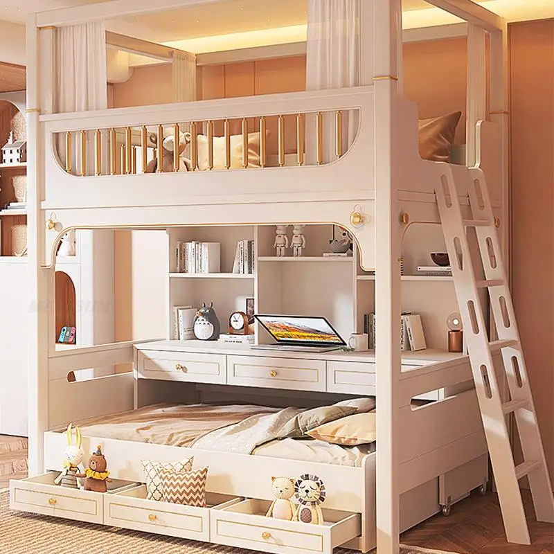 White Bunk Bed For Children With Light Luxury Safety Guardrail Bedroom Furniture Large Storage Space Solid Wood Bed for Girls