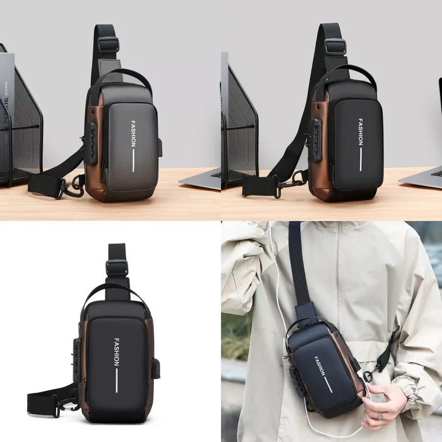 

【New style】- multifunctional combination lock fashionable chest bag men's large-capacity portable commuter mobile phone locomot
