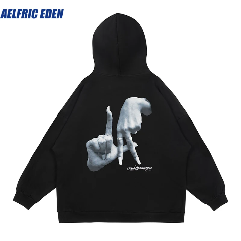 

Aelfric Eden Hands Figure Print Letter Embroidery White Black Men Hoodies Pullover Streetwear Retro Oversized Hooded Sweatshirts