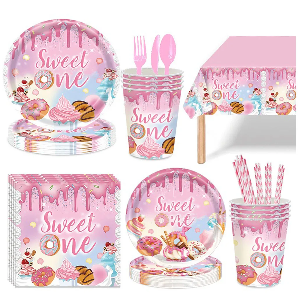 Sweet One Birthday Donuts Disposable Tableware Set 1st Birthday Donuts Theme Party Happy Doughnut First Birthday Party Decor