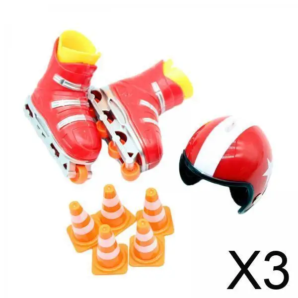 

3x Dollhouse Skates Set,Dollhouse Helmet Roadblock Set,Miniature Training Skates for Doll House