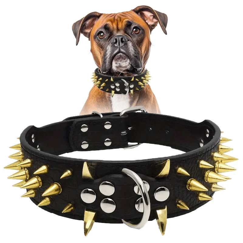 

Cool Golden Sharp Spikes Studded Pet Dog Collar Fashion Leather Dog Collar For Medium And Large Dogs