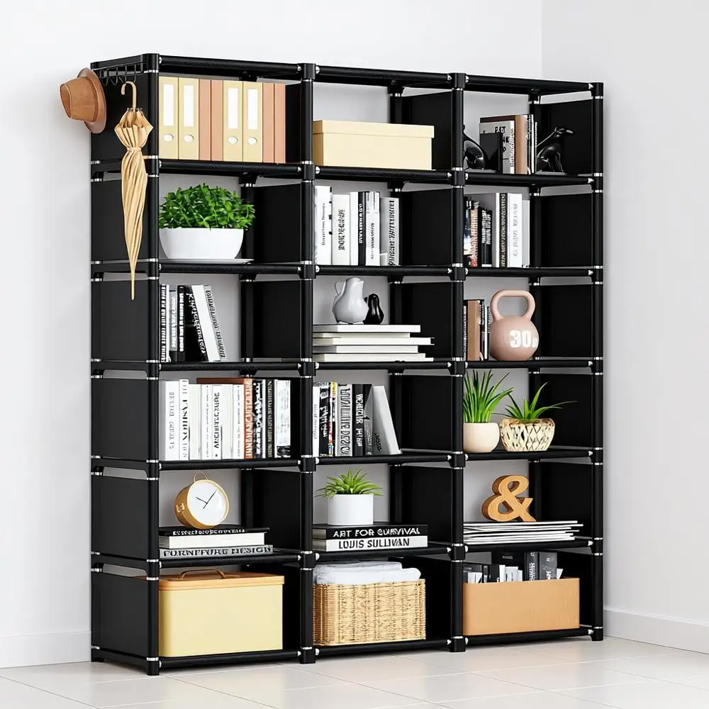 

Большая книжная полка на 18 ячеек, модульный органайзер для хранения вещей своими руками для спальни, гостиной, домашнего офиса - черный