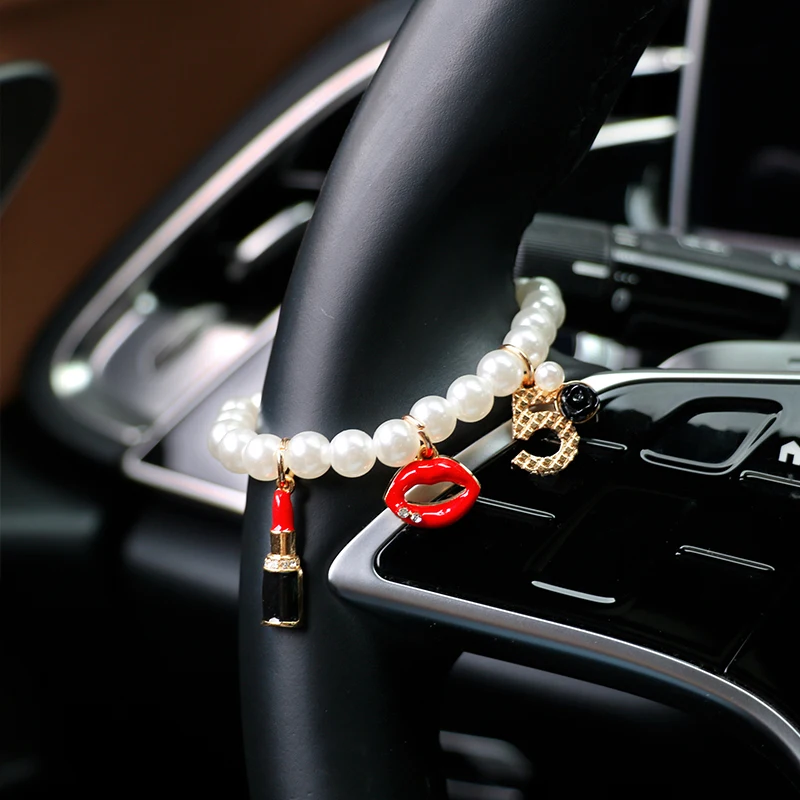 Exquisite Lips Car Pendant Steering Wheel Decorative Chain Hanging Decoration Creative Lipstick Bead String Car Pendant Gift