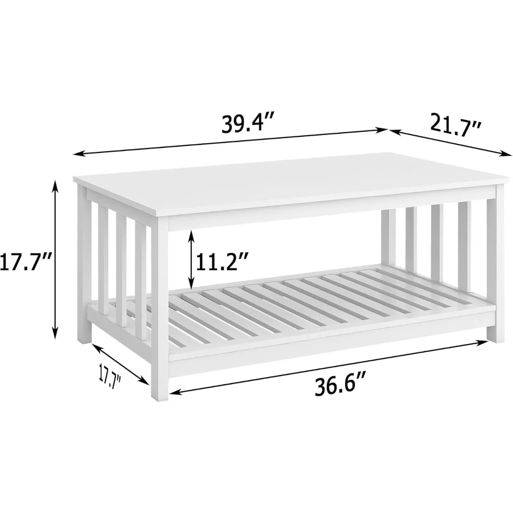 Biały nowoczesny stolik kawowy z półką do przechowywania 2-poziomowy stół do salonu prostokątny stół centralny 40-calowe drewniane stoliki kawowe