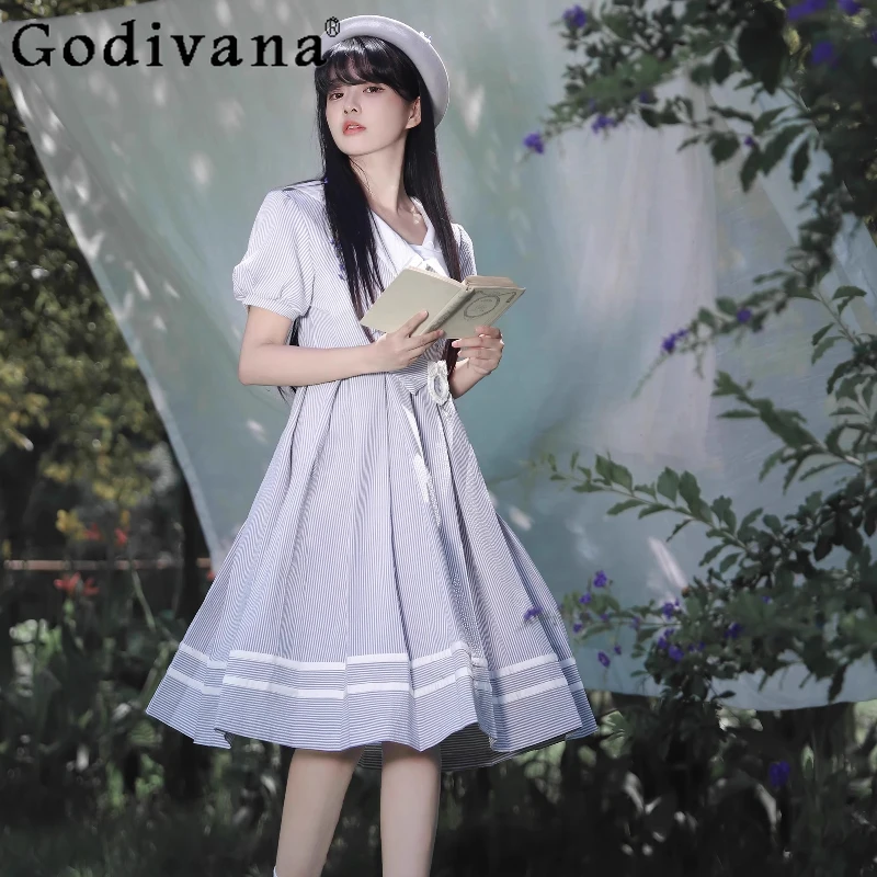 

Ladies Sweet High Waist Lolita Dress Original JK Uniform Summer Dress Women's Blue and White Striped Irregular Collar Dress