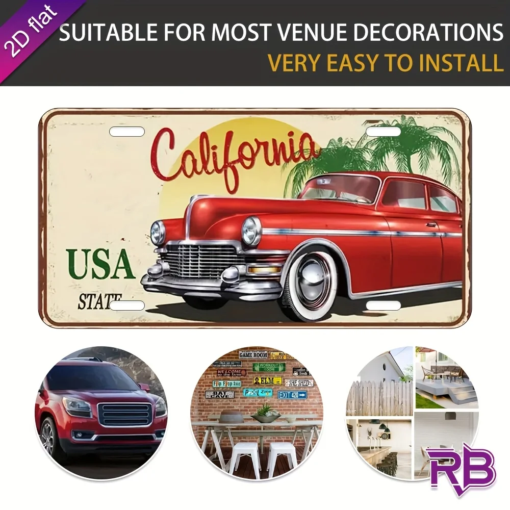 2D Flat, 1pc Aluminum Metal Sign with California USA License Plate Design - Vintage Car & Palm Tree Wall Art, UV Printed view 5