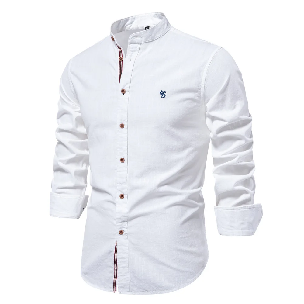 New 100% Cotton Linen Shirt Men Solid Color Embroidery Brand Shirts Blouses High Quality Long Sleeve Button Down Casual Tops