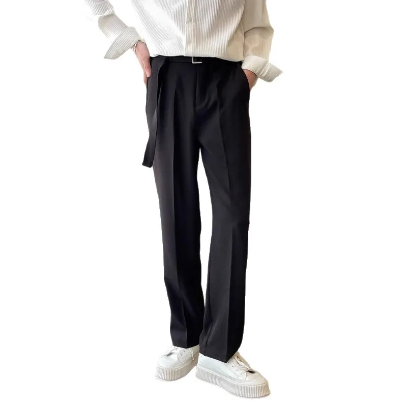Premium Korean Clean Fit Men’s Belted Suit Trousers – Wrinkle Resistant Draped Straight Leg Cropped Pants for Casual Office &