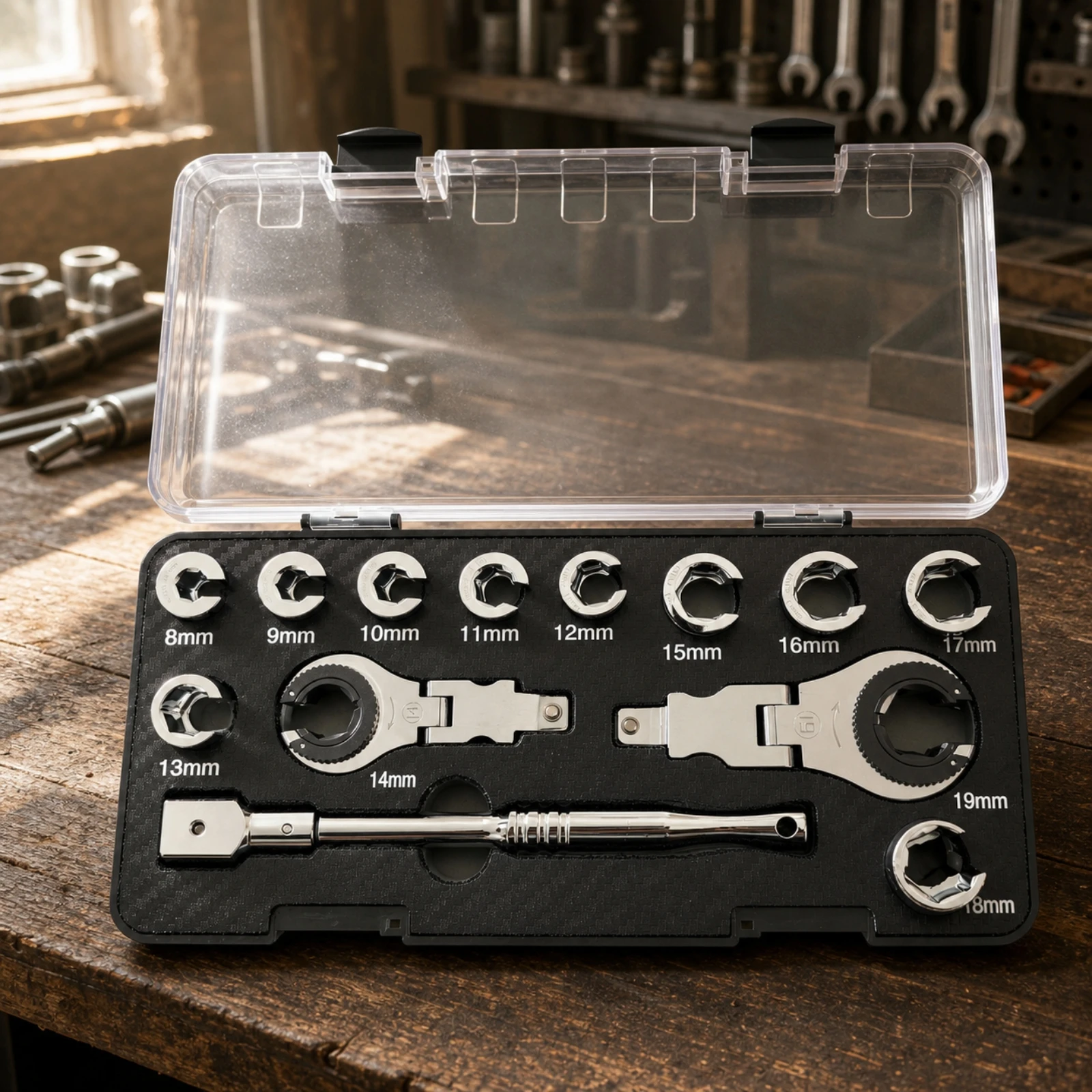 12 Pieces Ratcheting Flare-Nut Wrench Collection Metric Flare-Nut Wrench Tool Set with Plastic Case Chrome Vanadium Steel