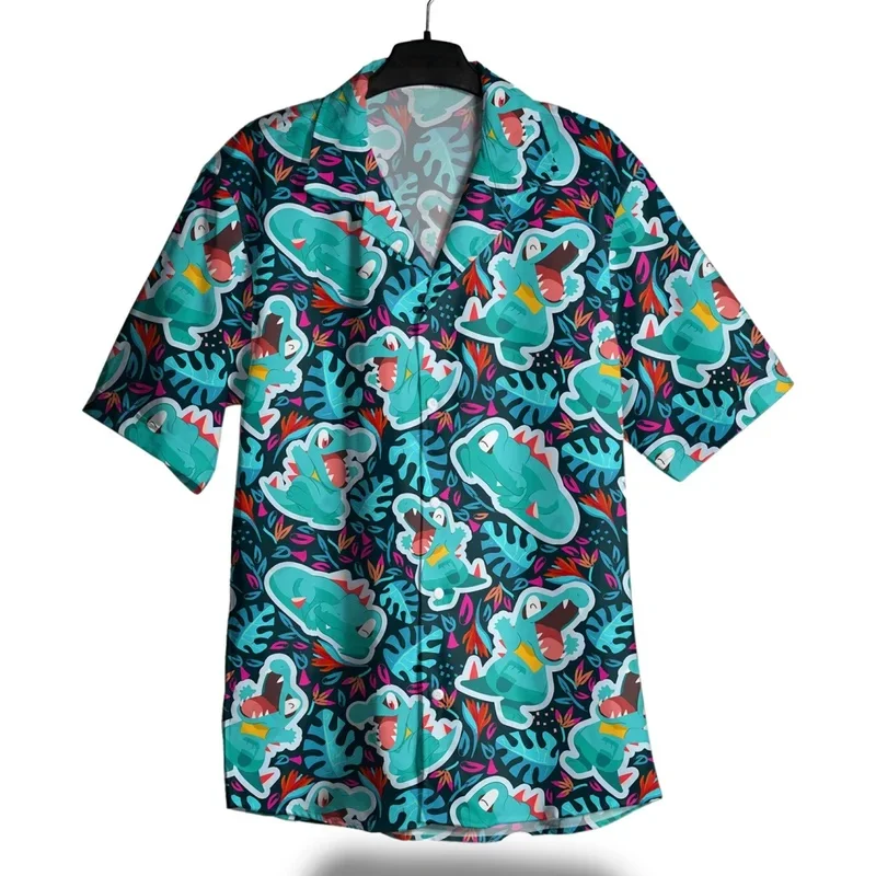 American Cartoon Green Dinosaur Full Printed Short Sleeved Shirt Men's Black Base Tropical Leaf Retro Loose Beach Shirt