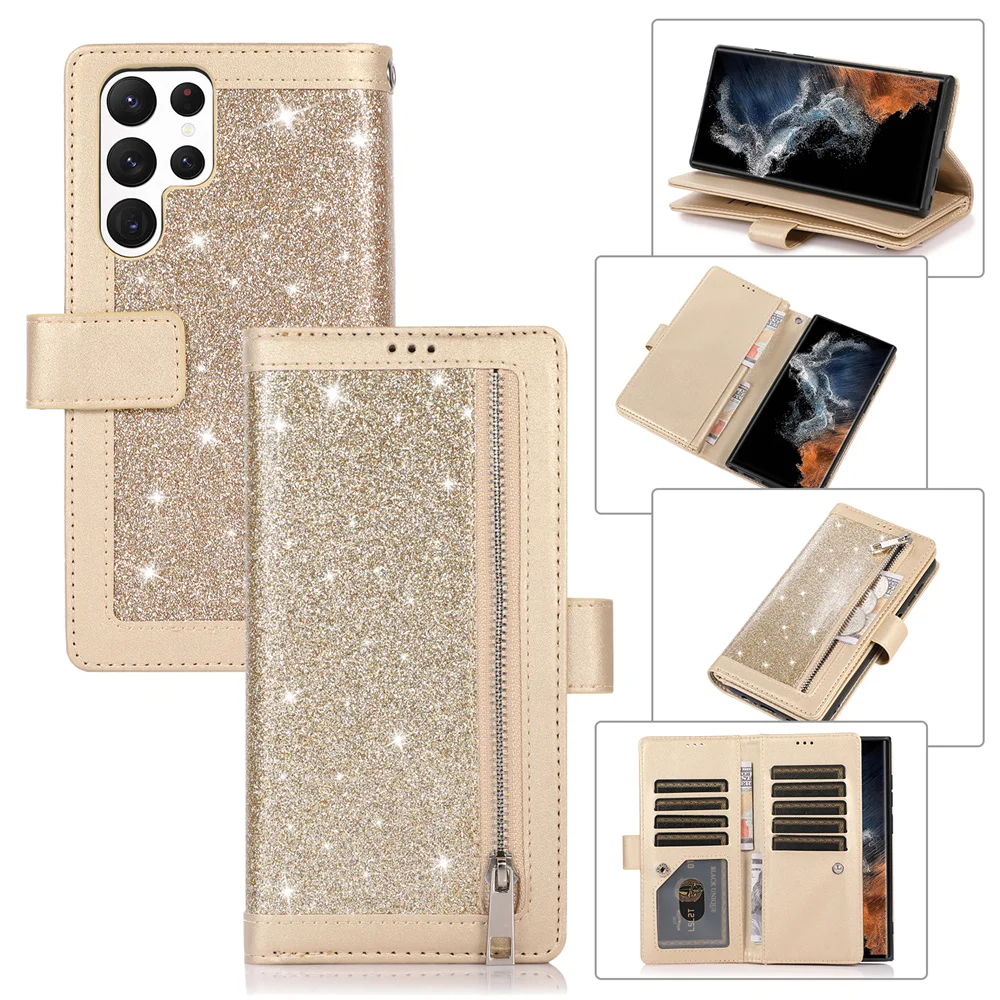 Étui portefeuille en cuir à paillettes Bling de luxe pour Galaxy, étui à fermeture éclair Kly, S23 Ultra, S7, S8, S9, S10, 5G, S20, S21, FE, S22 +, S23 Plus, Rotterdam