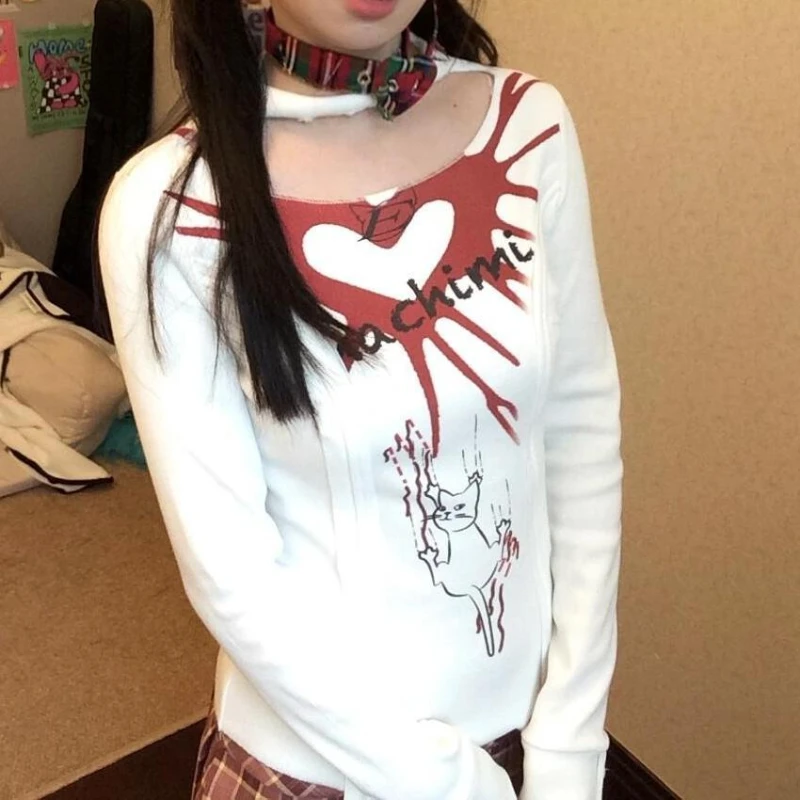 Y2k خمر تي شيرتات طويلة الأكمام متماسكة عادية الحلو المرأة الجوف خارج المرقعة ثقافة فرعية الرجعية الكرتون طباعة 2025 الخريف #1