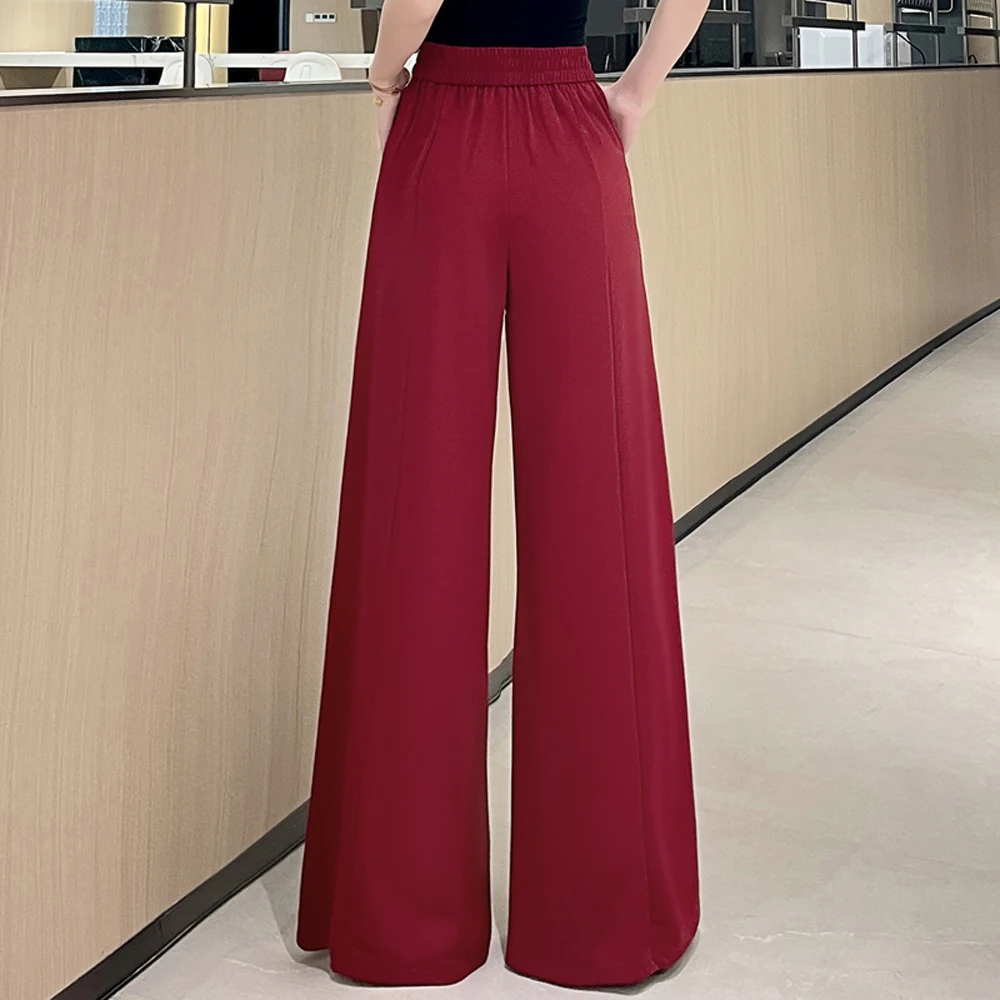Korean style apricot wide leg pants for women in summer, new high-end fashion, plus size, elastic waist, loose casual pants