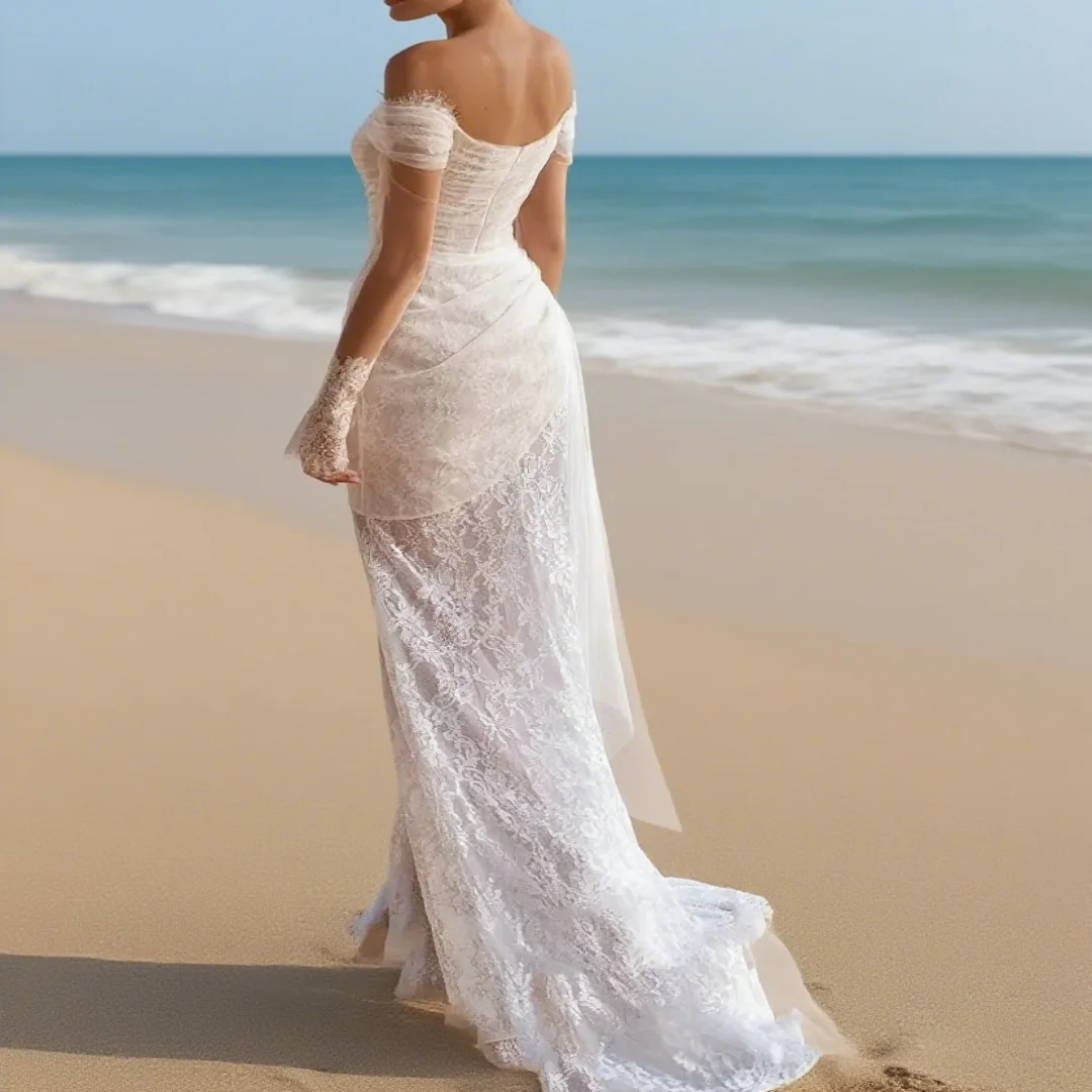 Personnalisez les accessoires de mariage classiques : dentelle, filet en nid d'abeille, robe à manches longues, robe de mariée formelle en forme de dauphin