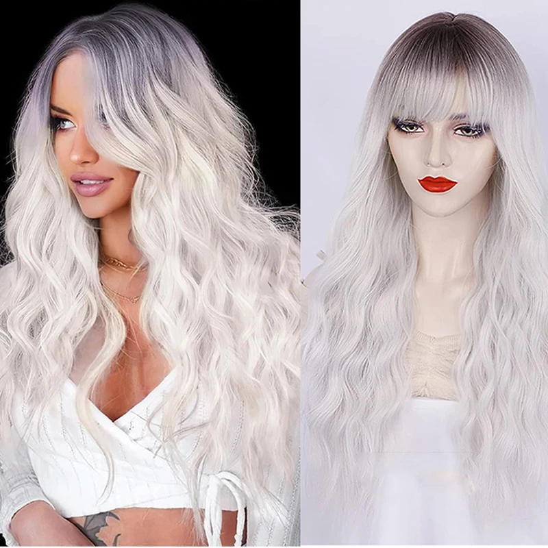 

26inch White Gray Ombre Synthetic Curly Wigs for Women Long Water Wave Wigs with Bangs Daily Natural Fiber Heat Resistant Wig