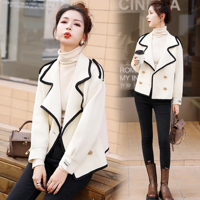 2024 New Woolen Coat Women s Short Autumn Winter Turn Collar Double Breasted Black White Wool Jacket AliExpress
