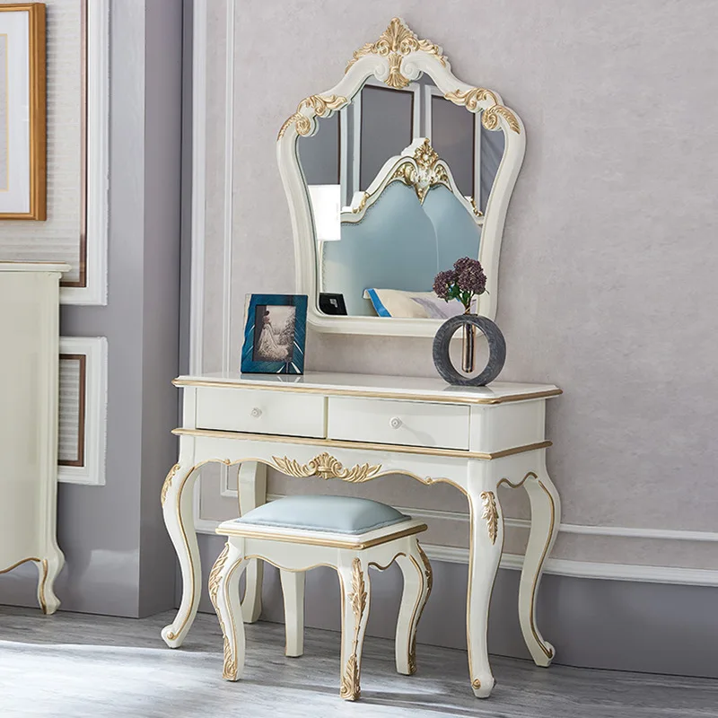 

French light luxury dressing table combination European birch dressing table chemical mirror white series furniture