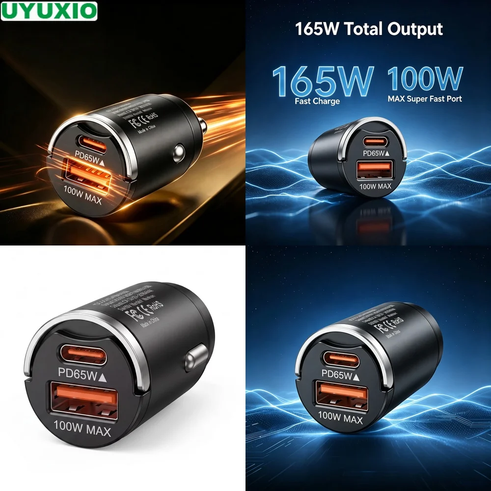165W Fast Charging Car Charger with 65W USB C and 100W USB A Outputs for Multiple Mobile Devices Durable Zinc Alloy Mini Body
