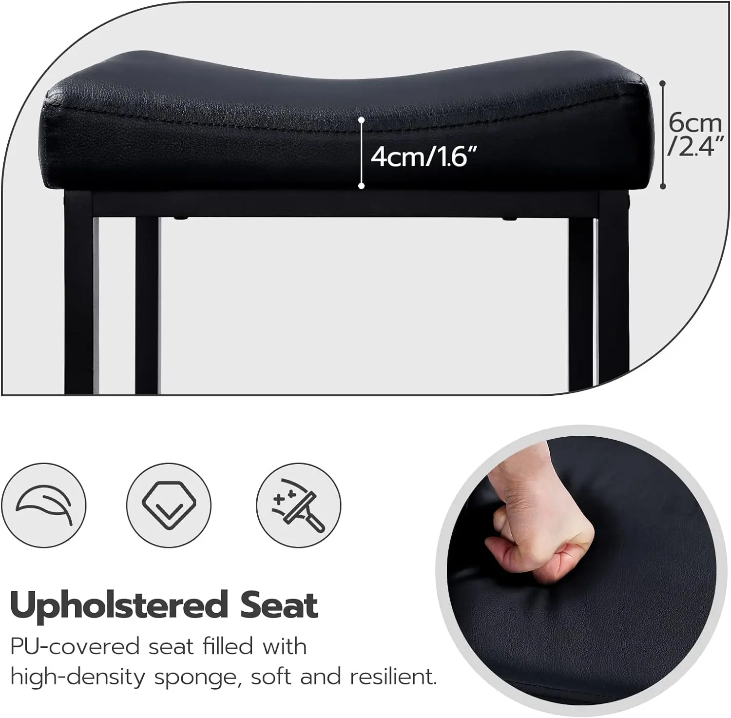 Bancos de bar Comfort Corner, Bancos em sela, Superfície curva, Preto, Estofos grossos, 24,8 polegadas, 2,4 polegadas, Conjunto de 2