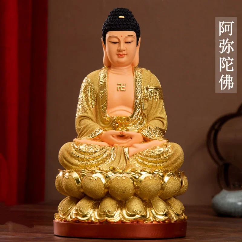 Exquisite painted resin carved Amitabha Buddha statue Decoration home Buddhist halls temples desktop offerings ornaments
