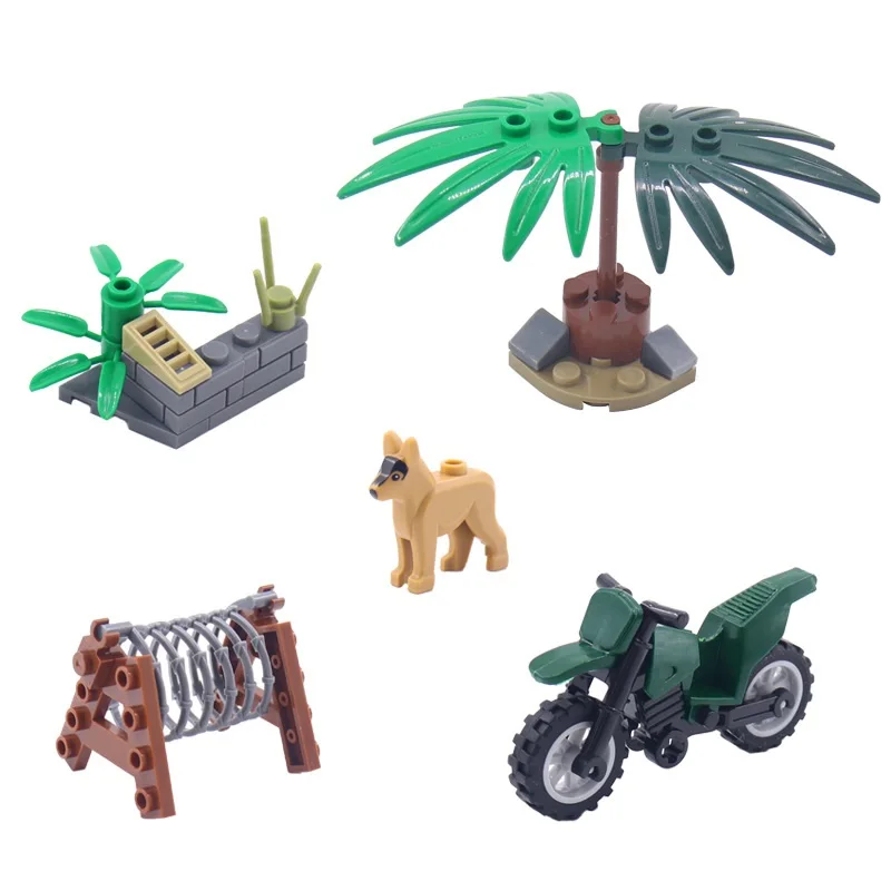 DIY 육군 장면 개 오토바이 트리 군사 MOC 미니 모델 피규어 액세서리 부품, 소년용 빌딩 블록 벽돌 장난감, 1 세트