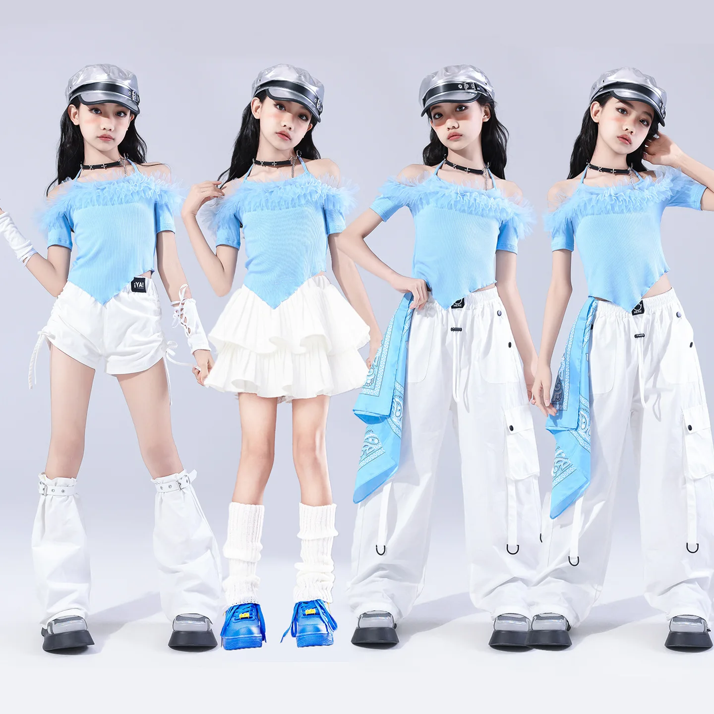 

Комплект детской уличной одежды в стиле хип-хоп и K-pop: топ с одним рукавом, шорты, джинсы. Костюмы для джаза и чирлидинга.