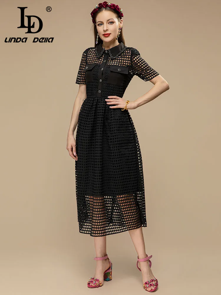 LD LINDA DELLA Designer 2023 Summer Vintage Party Dress Women Turn-down Collar High waist Hollow out Fashion Black Midi Dress