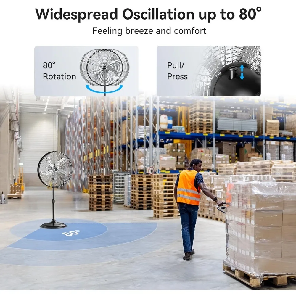 مروحة بقاعدة صناعية عالية الجودة 5300 CFM مقاس 20 بوصة عالية السرعة، مروحة قائمة متأرجحة احترافية ذات 3 سرعات مع رأس طبل - أفضل #3