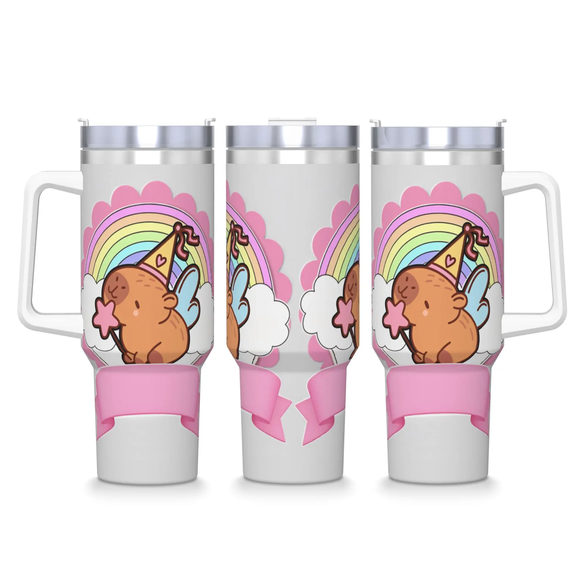 Fairy Capybara Party Hat Wing Magic Wand Rainbow Pink Ribbon Banner Cartoon Stainless Steel Tumbler  Travel Thermal Mug Car Mugs