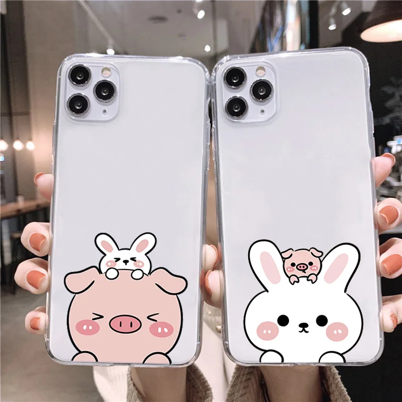 Cute Pig Rabbit Sweethearts Clear Lovers Phone Case for iPhone 14 14 12 11 Pro Max Mini XR XS Max 7 8 Plus SE Couple Cover Bags