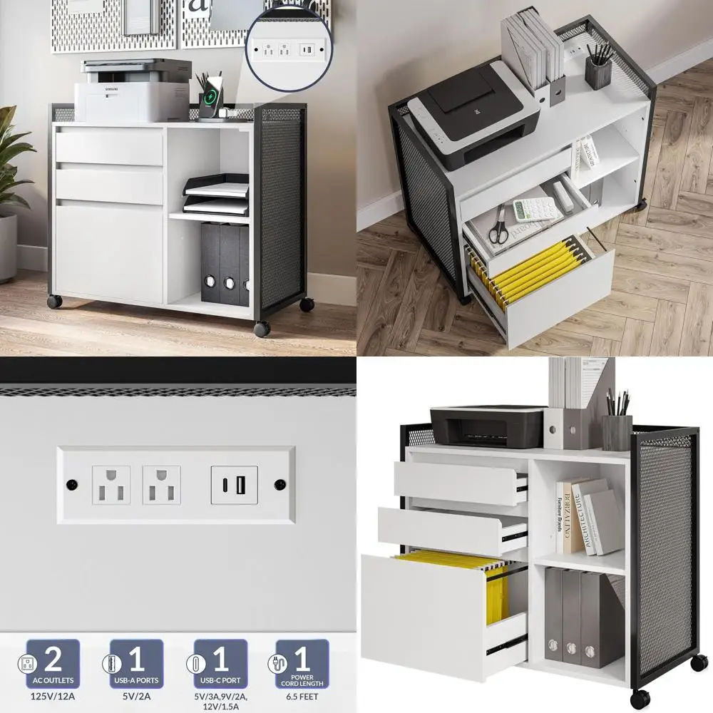 

White 3-Drawer Rolling Desk with USB Outlets, Printer Stand, and Lateral File Cabinet for Home Office