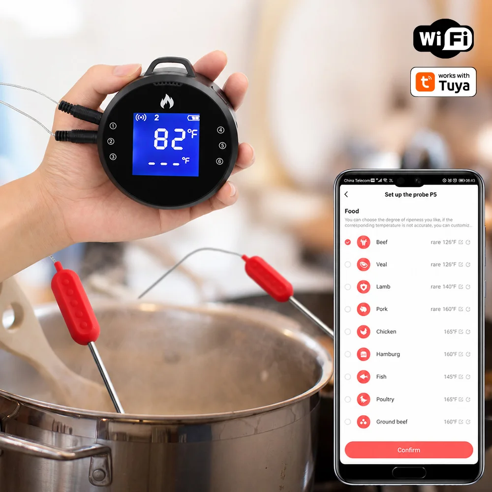 Wireless Meat and Barbecue Thermometer with Food Probe LCD Digital Screen Display WiFi BLE Tuya Smart Cooking Gauge Tool