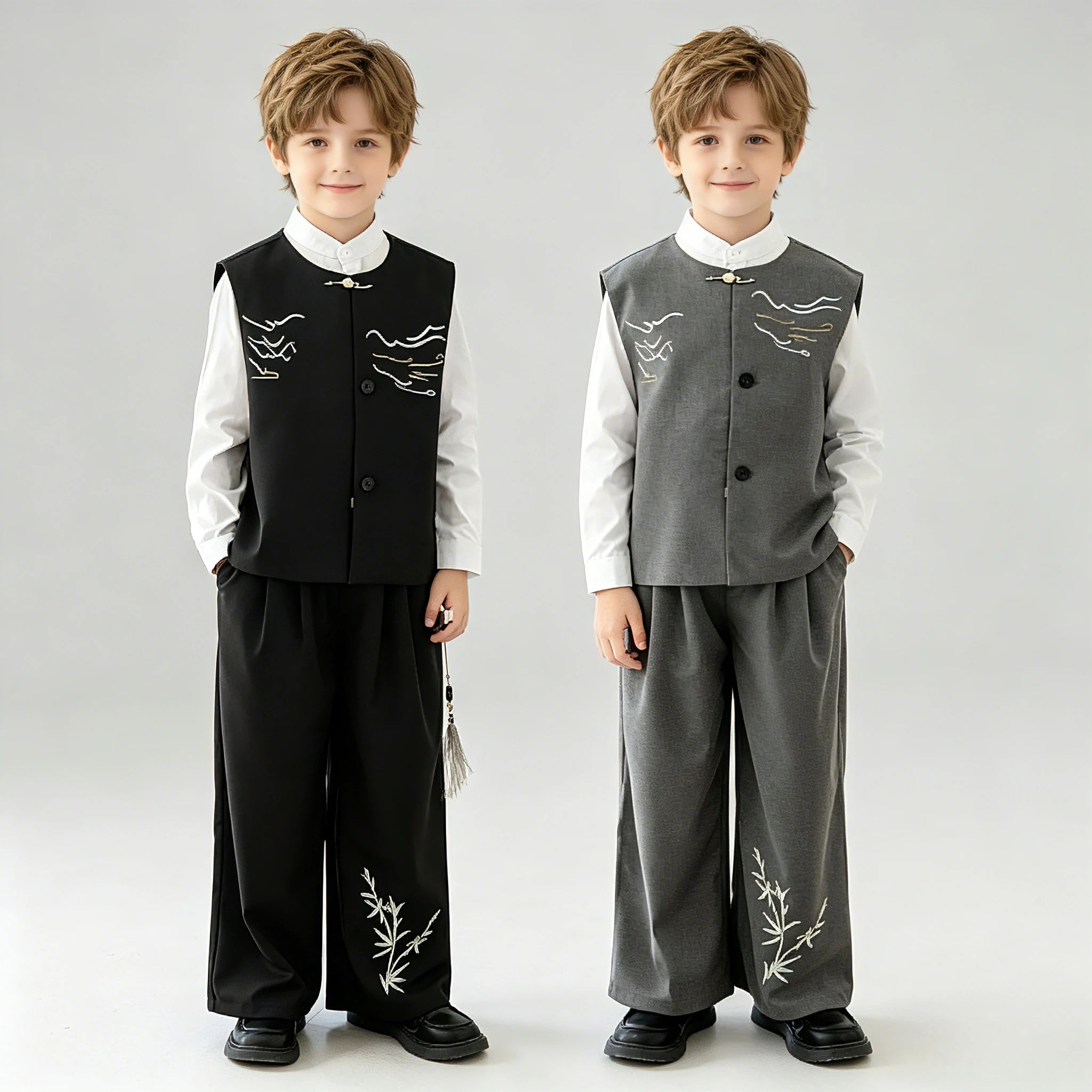 Boys Chinese Tang Suit Set Fashion Embroidered Cloud Pattern Vest Pants Outfits Grey Gentleman Teen Kids Birthday Costume 12 Y