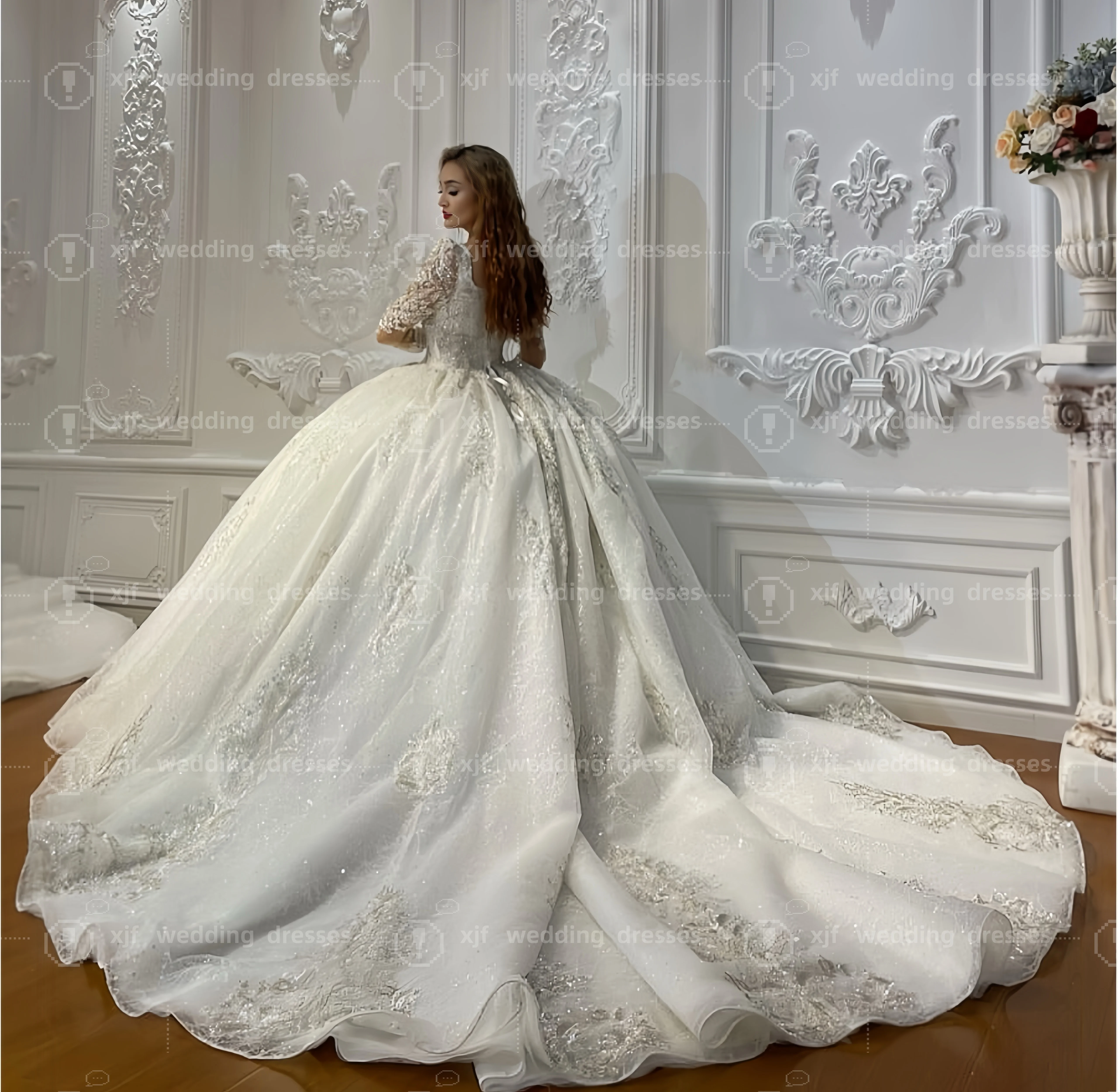 ที่กําหนดเองสแควร์คอแขนยาวลูกปัดหรูหราชุดแต่งงาน vestidos de novia amanda novias amanda novias อย่างเป็นทางการ