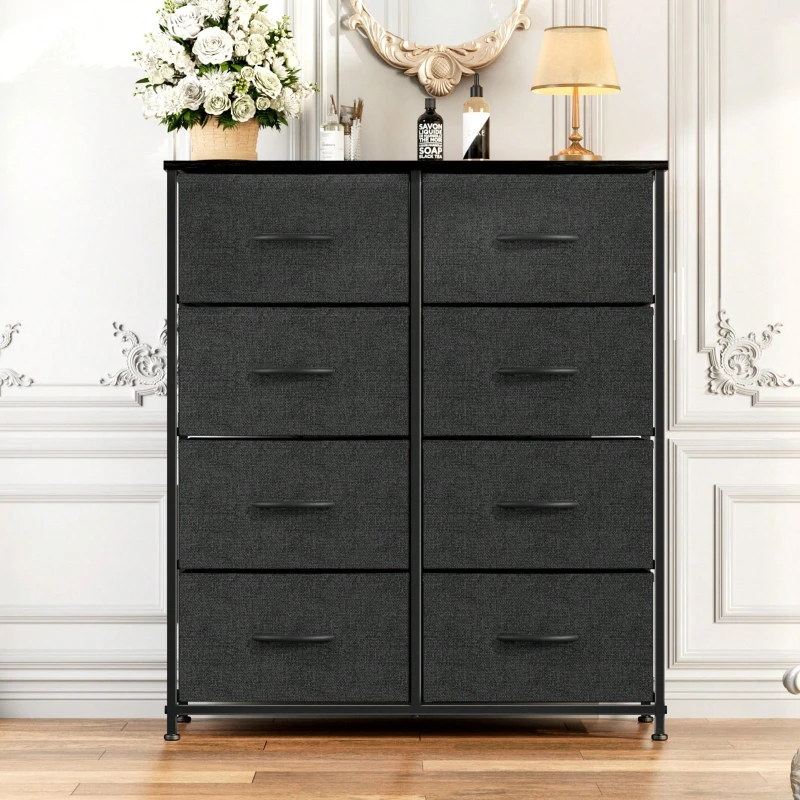 Tall Dresser with 8 Fabric Drawers Chest of Drawers for Bedroom Wooden Top