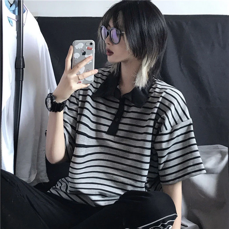 

Vintage 90s Balck White Gray Striped Women Polo T Shirt Summer Korean Short Sleeve 2022 Trend Fashion Oversized Tops Tee Clothes