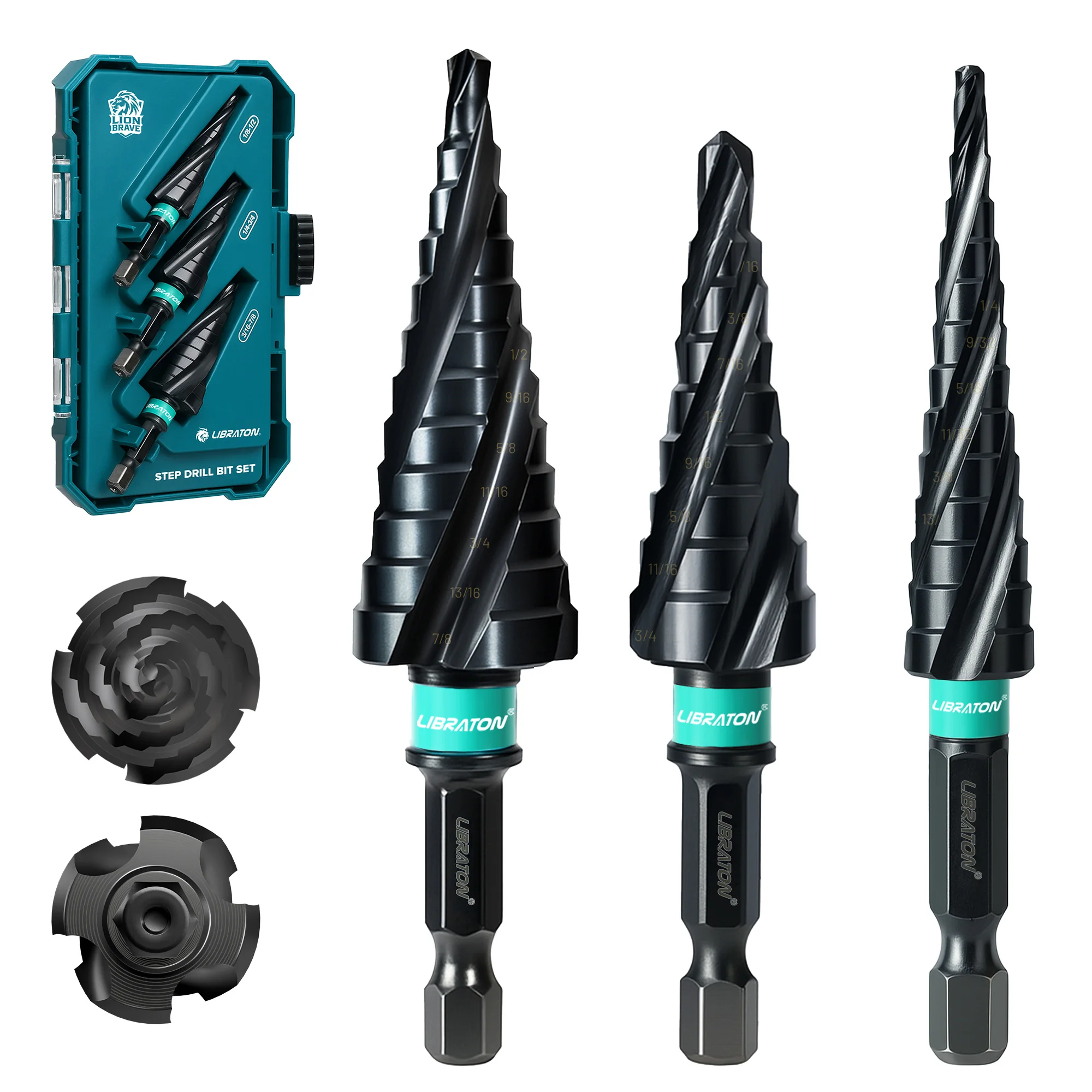 

LIBRATON Step Drill Bit 3PCS Four Spiral Flute Step Bits for Meta, M35 Cobalt 1/4" Hex Shank Step Bits for Stainless Steel Wood