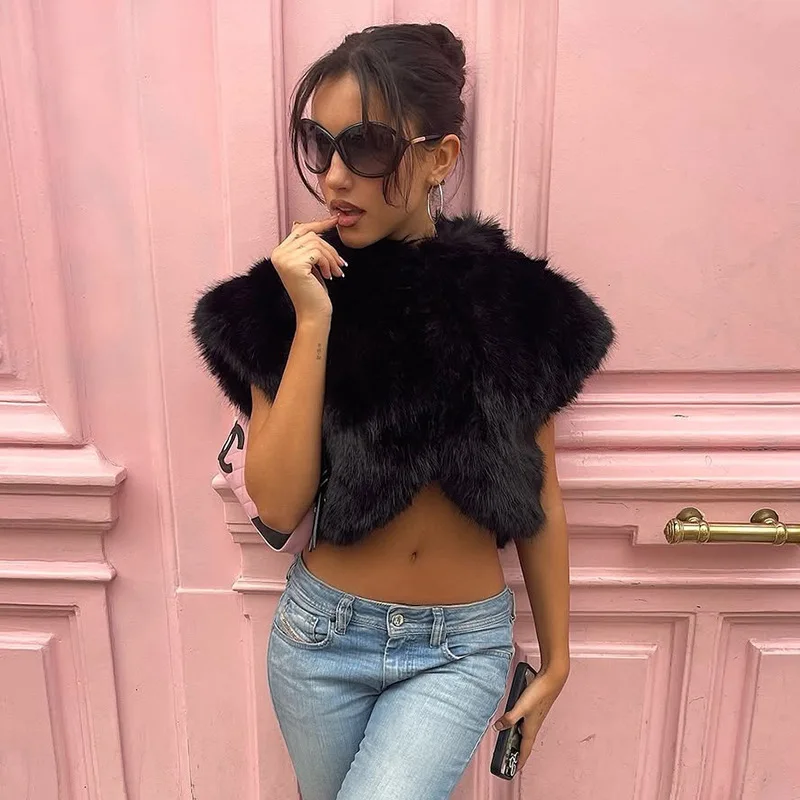 Women Fashion Solid Faux Fur Vests Stand Collar Short Sleeve Casual Short Coat Warm Furry Jackets Crop Tops Streetwear Outerwear