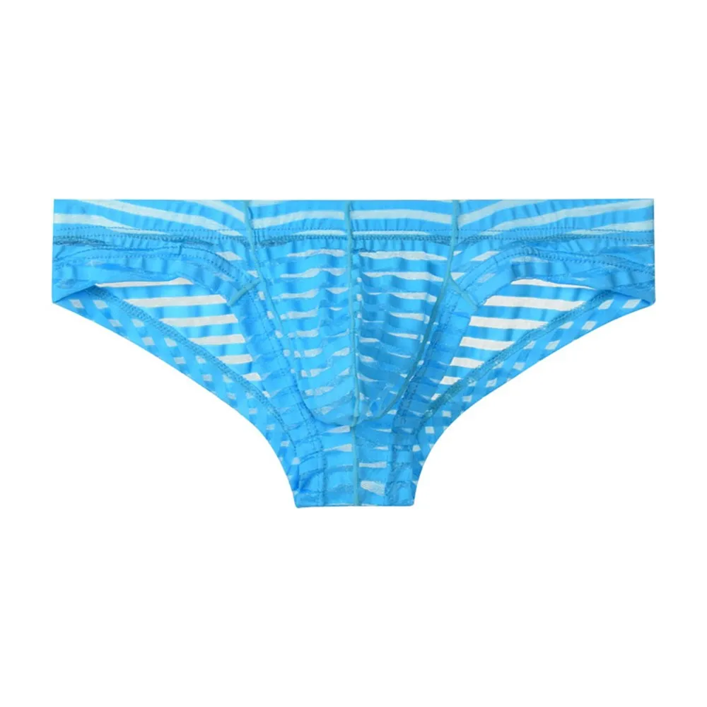 Men Sexy Sheer Mesh Perspective Briefs Horizonal Striped Breathable Panties Low Waist See Through Underpants Bikini Underwear