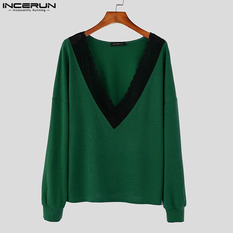 INCERUN 캐주얼 루즈 패션 스웨터 2025 남성용 긴팔 니트 풀오버 우아한 브이넥 멋진 남성 의류 스웨터