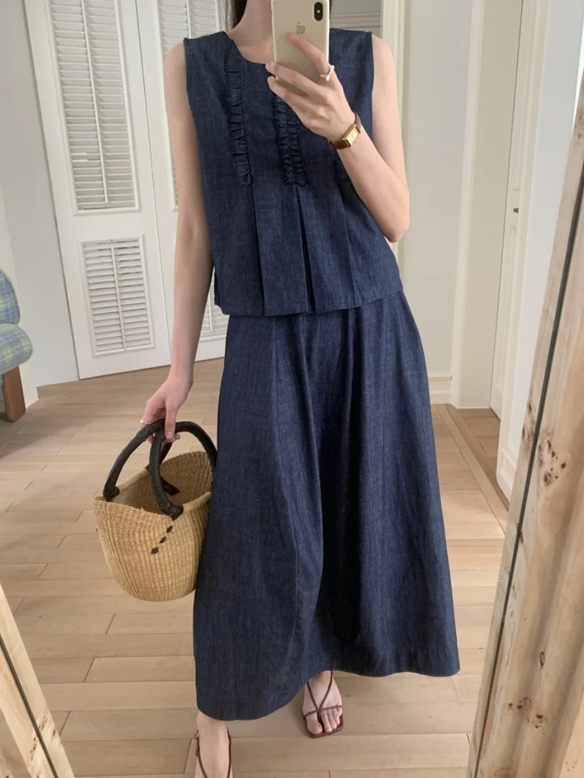 

Alien Kitty Office Lady Vintage Denim Suits Chic Women Daily Slim Vest Blouses Summer Gentle 2025 High Street A-Line Skirts Sets