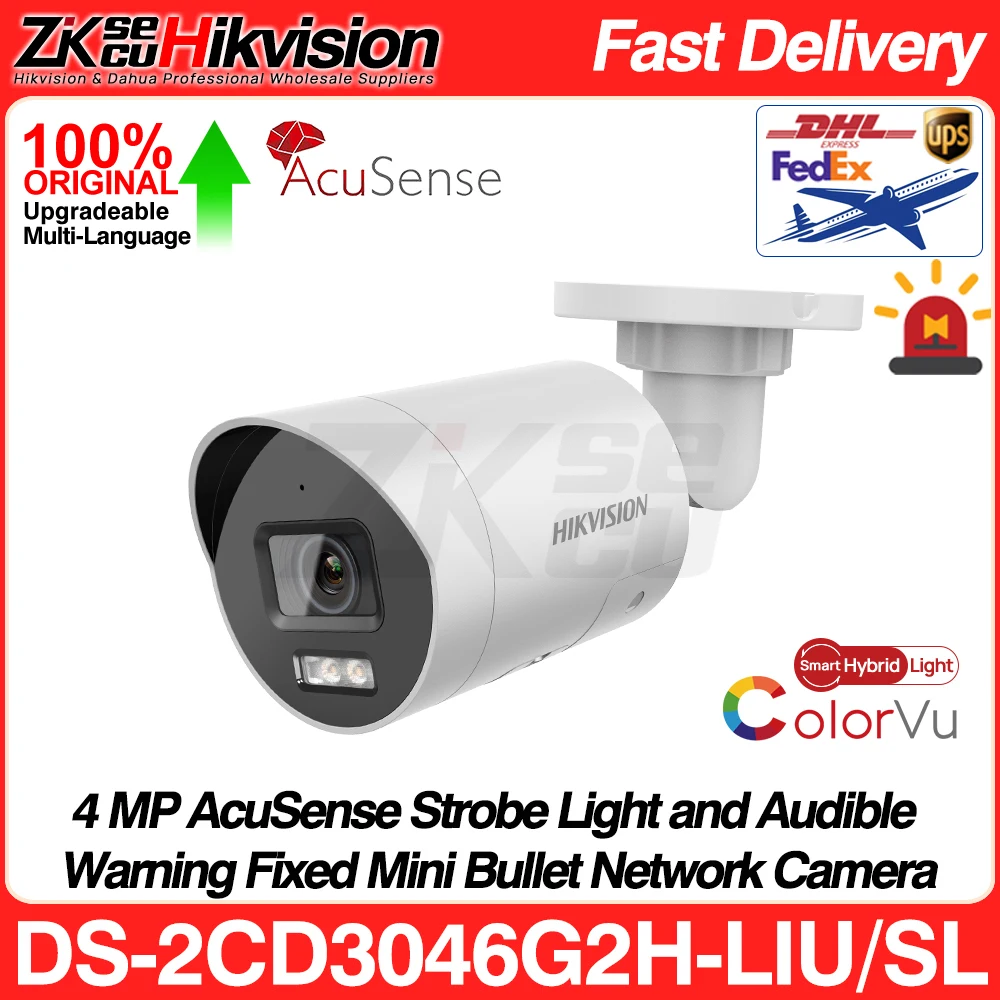 Hikvision DS-2CD3046G2H-LIU/SL 4 МП Acusense ColorVu, умная гибридная фотокамера, стробоскоп, звуковая сигнализация, 2-полосное аудио, слот для SD-карты