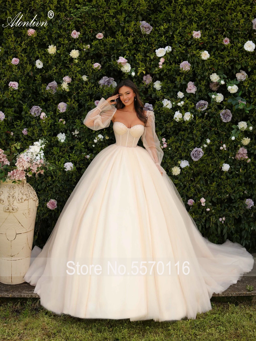 Alonlivn Eleganza Sweetheart Ball Gown Abiti da sposa Perline Perle con spalle scoperte Maniche Gonne da sposa