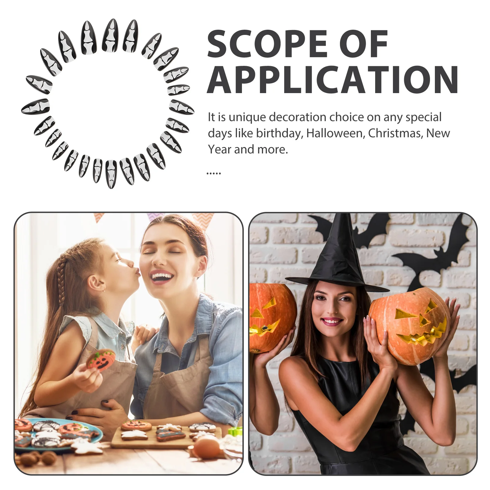 

24pcs Fake Nails Gothic Bone Design Glue For Halloween Long Lasting Manicure Supply Women Diy Full Cover Tips