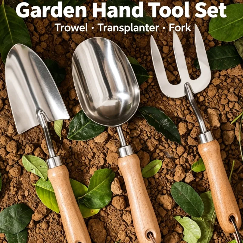 3Pcs Stainless Steel Garden Tool Set With Wooden Handle Trowel Transplanter Cultivator Fork For Planting Digging Weeding Soil