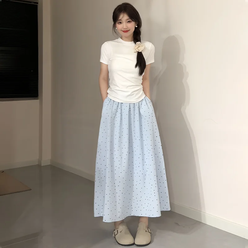 Blue Polka Dot Halter Neck  Dress Women's Summer New High Waist A-Line Simple Slimming Midi Skirt Trendy Commute Style